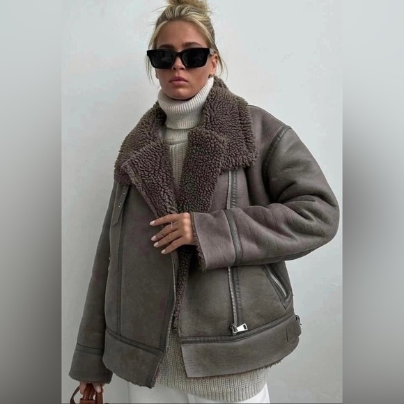 ZARA GREY FAUX LEATHER SHEARLING AVIATOR - Picture 1 of 6
